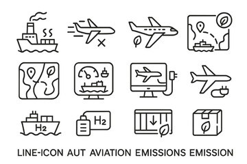 Eco-friendly transport icons featuring aviation and maritime emission concepts