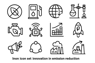 Innovative icon set highlighting emission reduction technology and sustainability