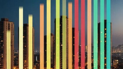 Futuristic cityscape visualization with colorful data streams overlaying urban buildings - Powered by Adobe