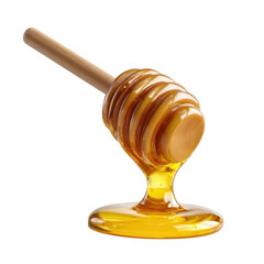 Golden honey dripping from wooden dipper isolated on transparent background