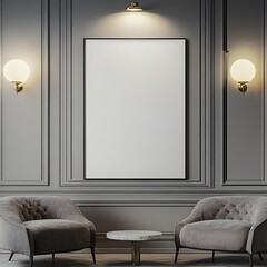 Blank canvas presents an opportunity in this elegant room with stylish chairs and a marble table, ready for custom art.
