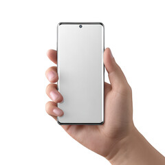 Hand holding a modern smartphone with a blank white screen isolated on transparent background