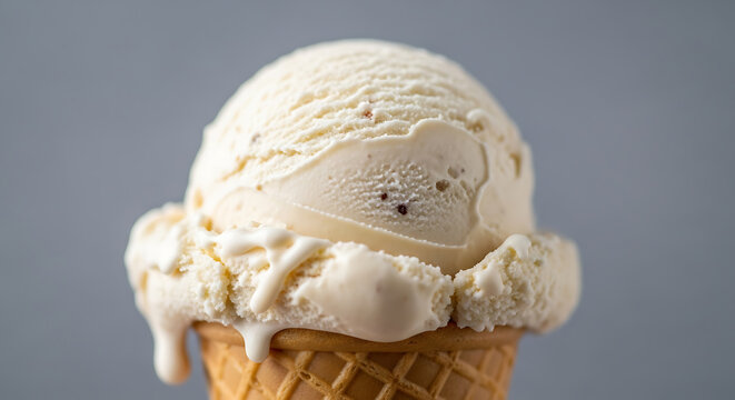A beautiful scoop of creamy vanilla ice cream, gently melting down a golden waffle cone, stands out against a simple grey background, a perfect refres