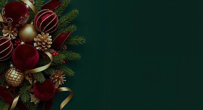 Luxury christmas ornaments with golden patterns on rich burgundy background. Premium holiday decorations collection in elegant festive style. Christmas celebration concept. Christmas, gifts