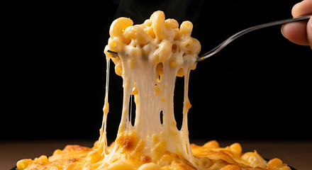 Close-up of hot, steaming mac and cheese on fork, long, melted cheese strands stretching down. Creamy golden pasta against dark background, emphasizin