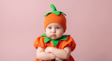 Caucasian baby in orange pumpkin costume with green hat on pink background. Adorable toddler wearing Halloween outfit. Childhood celebration concept. Halloween costumes sale, children clothing