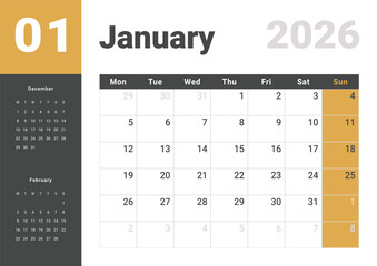 Monthly page Calendar Planner Template design of January 2026. Vector layout of calendar with week start Monday for Scheduling. Page for size A4 or 21x29.7 cm