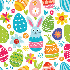 Colorful Easter pattern with decorated eggs, bunnies, and flowers (1)