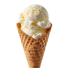 Delicious vanilla ice cream scoops in a waffle cone isolated on transparent background