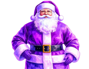 Santa Claus wearing a purple neon santa suit, watercolor, isolated on white transpare