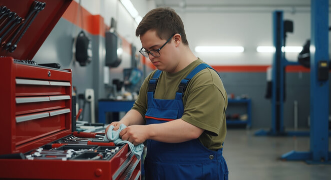 Mechanic with Down syndrome organizing tools in automotive workshop. Inclusive employment and disability services concept for automotive repair and social integration programs