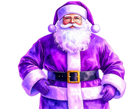 Santa Claus wearing a purple neon santa suit, watercolor, isolated on white transpare