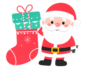 anta claus with wrapped gift and sock transparent background illustration