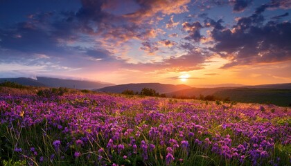 Obraz premium vibrant field of purple flowers bloom in meadow under colorful sunset sky with soft clouds creating peaceful nature landscape filled with warm and dreamy atmosphere