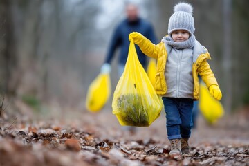 Little child with yellow gloves and jacket collecting trash in forest with yellow bag during cleanup activity with family