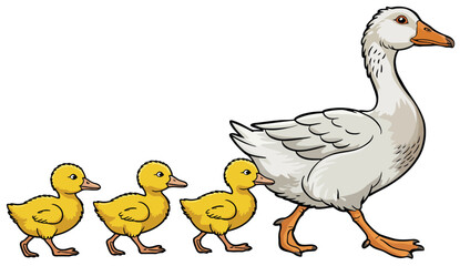 Mother goose leading her three cute ducklings in a line