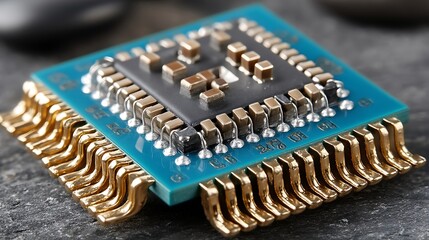 the close up image features a square electronic component that rests on a textured gray surface