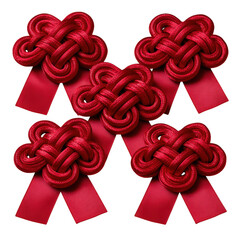 Five red chinese knots with ribbons isolated on transparent background