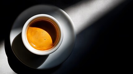 Intricate overhead perspective of intense espresso in a white cup on a saucer with dynamic lighting and modern minimal design.