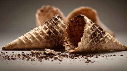 Isolated Artistic Presentation of Abandoned Ice Cream Cones and Wafer Remnants on a Minimalist Background with Gentle Diffuse Lighting Enhancing Textural Details and Overall Visual Elegance