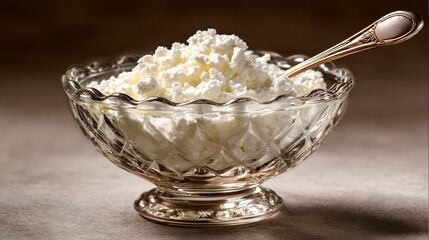 Exquisitely detailed macro shot of granulated cottage cheese in a sleek glass bowl with a pristine spoon highlighting the delicate dairy texture