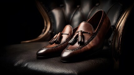 Elegant Close-Up of Tasseled Loafers on a Sleek Designer Chair Highlighting Exquisite Textures and Luxury Ambiance