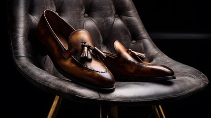 Artistic Capture of Tasseled Loafers on a Modern Designer Chair with Emphasis on Craftsmanship and Luxurious Detail
