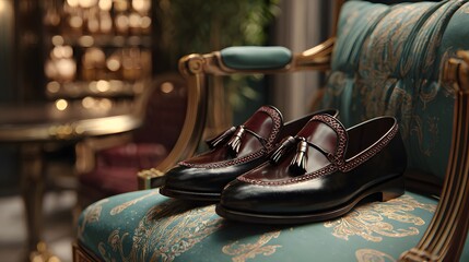 Refined Scene of Tasseled Loafers on a Chic Designer Chair with Intricate Textures and Serene, Upscale Detailing