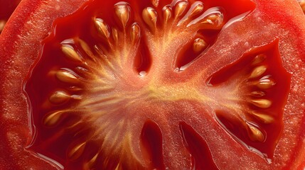 Ultra-detailed macro imagery of a ripe tomato slice showcasing vibrant red hues, intricate seed details, textured flesh, and a naturally ambient background with soft, artistic lighting.