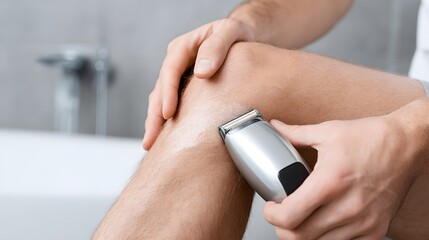 Detailed Close-Up Illustration of a Man Employing a Modern Electric Epilator Device for Precise Leg Grooming and Advanced Skincare