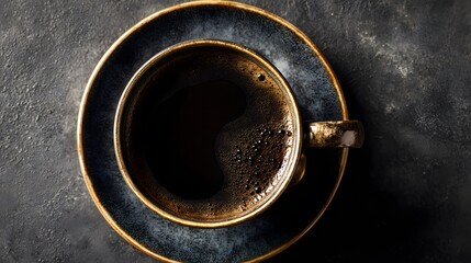 Exquisite close-up aerial view of robust black coffee in a porcelain cup and saucer, emphasizing roasted richness and smooth elegance.
