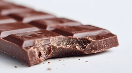Artistic Close-Up of a Bitten Chocolate Bar: Emphasizing Smooth Textures, Intricate Cocoa Details, and a Clean White Backdrop for Visual Appeal