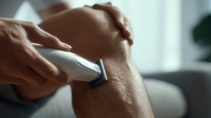 Detailed Close-Up Illustration of a Man Employing a Modern Electric Epilator Device for Precise Leg Grooming and Advanced Skincare