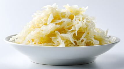 Stunning Macro Image of Vibrant Sauerkraut Piled in a Contemporary White Bowl, Emphasizing Fine Textures and Modern Culinary Appeal