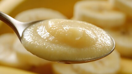 Ultra-Detailed Close-Up of Fresh Bananas Puree on a Spoon with Natural Lighting Reflection