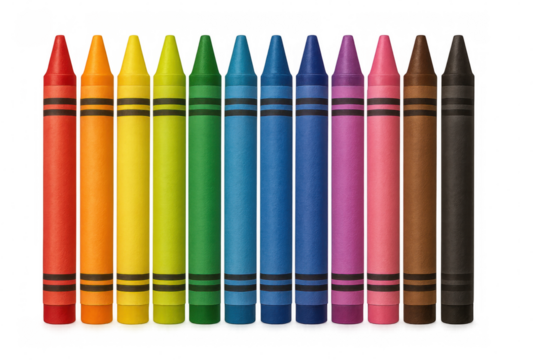 Colorful wax crayons lined up, revealing rainbow-like color range on clear surface, highlighting artistic potential