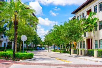 Fototapeta premium Residential housing in Miami Lakes. View down street with street parking on winding road