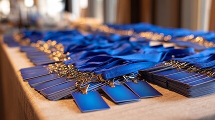 Many blue lanyards and badges, neatly arranged on a linen clothed table, ready for a conference or event attendees.
