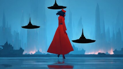 Futuristic Fashion Show: Woman in Red Dress Walking on a Reflective Surface in a Cityscape - Powered by Adobe