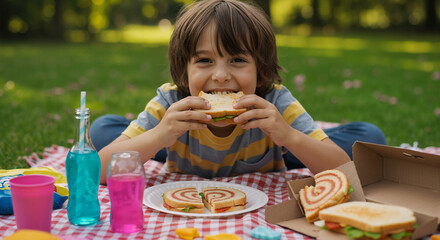 Celebrate National Gyro Day with a Delicious Picnic Lunch Featuring a Happy Young Boy Enjoying a Tasty Sandwich Outdoors on a Sunny Day
