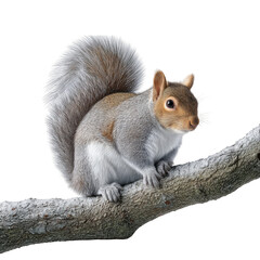 Gray squirrel sitting on a branch isolated on transparent background