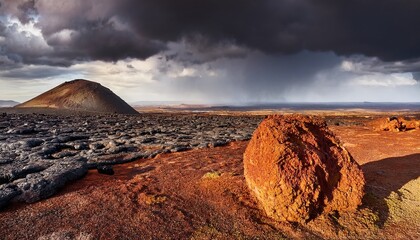 vast lava field in ethiopia under dramatic storm clouds emphasizing solitary lava stone on clean ultrabright