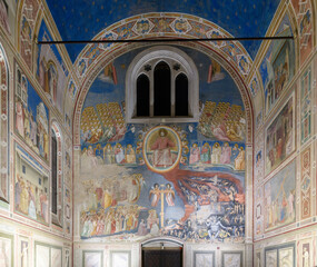 Last Judgment fresco in Scrovegni Chapel, Padua, Italy, painted by Giotto, depicting the final...