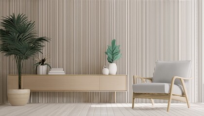 bright modern living room with minimal arm chair and wooden console mockup and white wooden pattern wall background 3d rendering