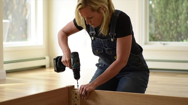 A woman with blonde hair is using a cordless drill to assemble furniture in a spacious, sunlit room. She focuses on the task at hand, showcasing her DIY skills and determination