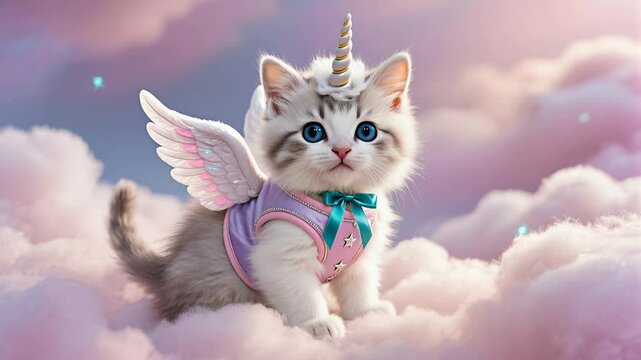 Adorable kitten in a unicorn costume sits on fluffy clouds, its angel wings gently fluttering as faint blue stardust flickers around the dreamy, pastel-hued sky