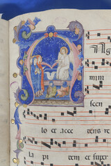 Illuminated manuscript page with miniature of the Resurrection of Christ, decorated initial and...