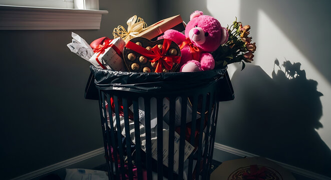 Trash bin filled with items and gifts from ex-lover