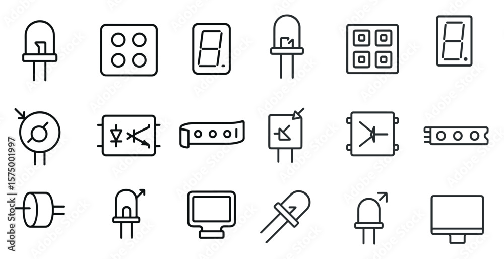 Fototapete Collection of electronic components and devices are shown in a black and white style. The icons include a light bulb, a clock, a computer monitor, and a keyboard. Scene is one of technology