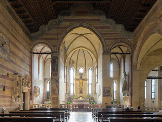 Interior view of the Church of the Eremitani in Padua, Italy, showcasing its Gothic architecture...